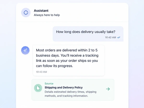 A website assistant answering a delivery question with the source document beside it
