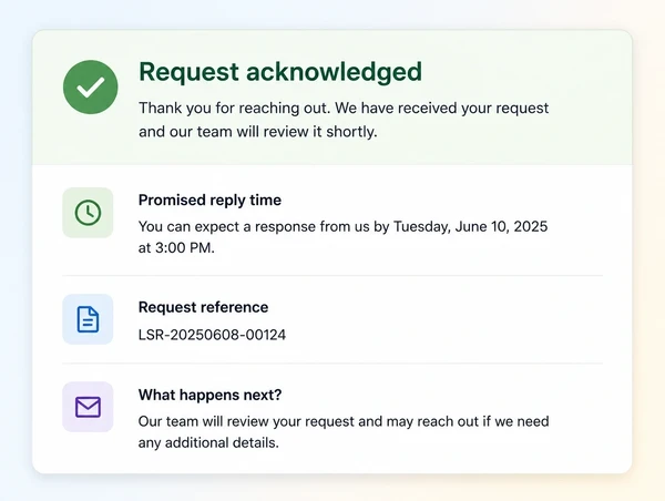 A supplier quote request acknowledged automatically with a promised reply time
