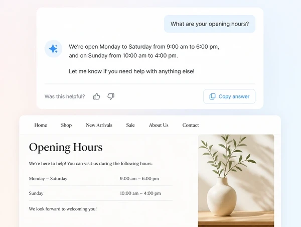 A site assistant answering an opening hours question with the policy page cited