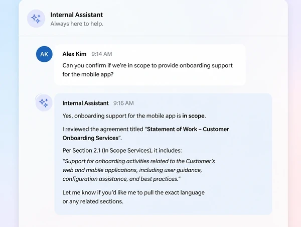 An internal assistant answering a scope question and citing the agreement it read