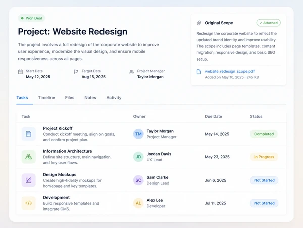 A won deal creating a project with tasks, owners and the original scope attached