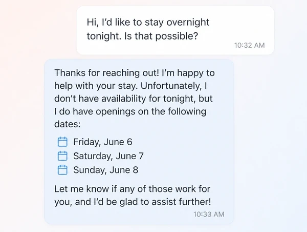 An overnight guest message answered automatically with available dates offered