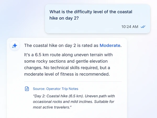 An assistant answering a trip difficulty question using the operator trip notes
