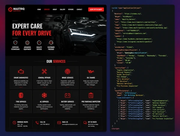 A car workshop services page beside the structured data describing it