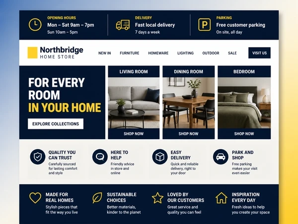 A retail store page answering the practical questions a visiting buyer asks