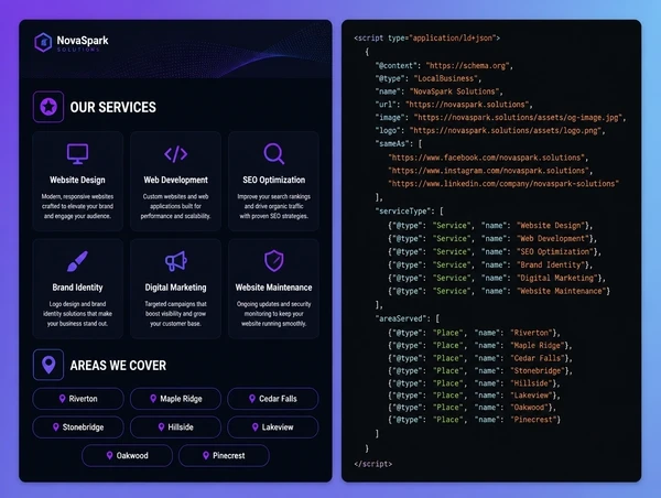 A store services page beside the structured data listing services and areas