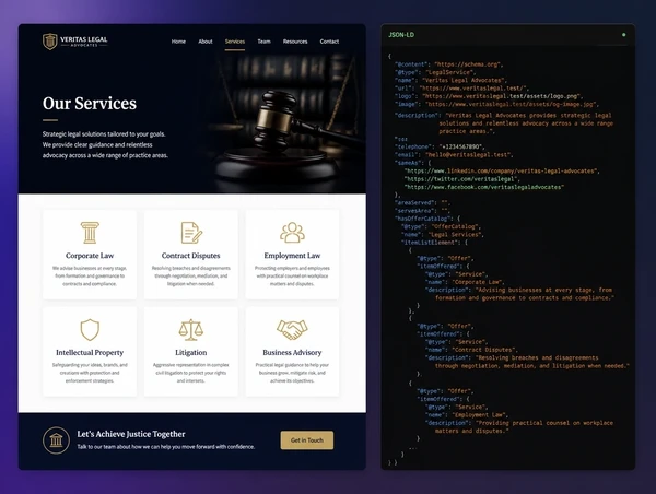 A firm services page beside the structured data describing it