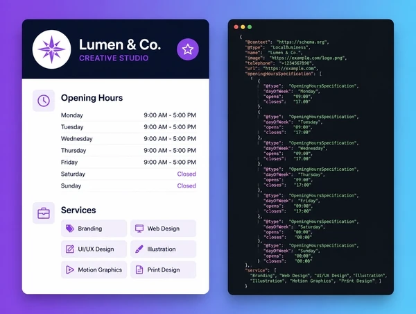 A business listing card stating hours and services beside its markup