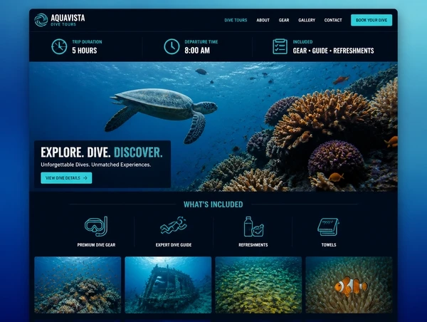 A dive tour page stating trip duration, departure time and what is included