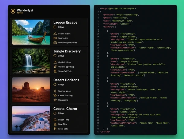 A tour listing beside the structured data describing tours and durations