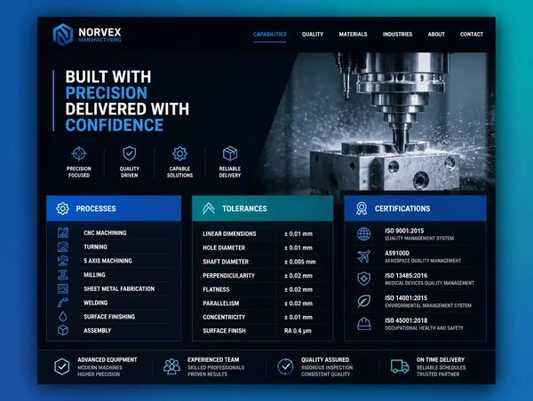 A manufacturer capability page listing processes, tolerances and certifications