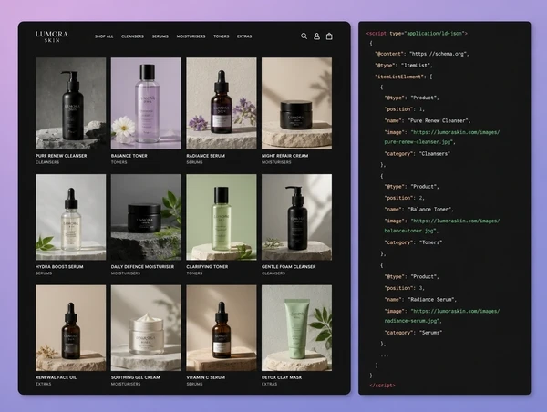 A product range page beside the structured data describing it