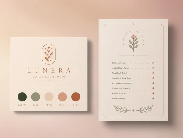 An identity board pairing a logo with its colours and a printed price list