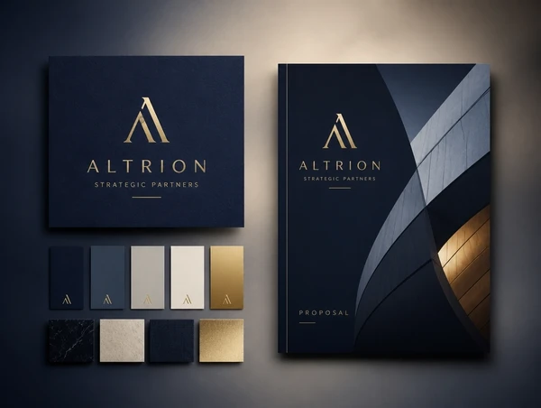 A firm's identity board with the logo, its palette and a proposal cover
