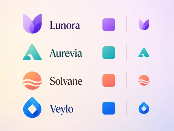 A sheet pairing a simple logo shape with its colour and an icon cut