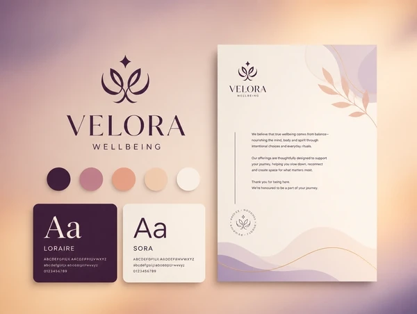 A brand identity board pairing one logo with its palette, two typefaces and a document