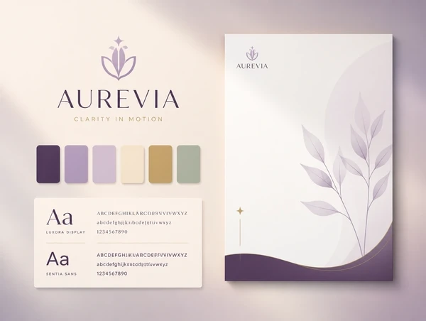 A brand board showing one logo with its palette, type and a document template