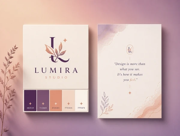 An identity board pairing a logo with its colour set and a quote document