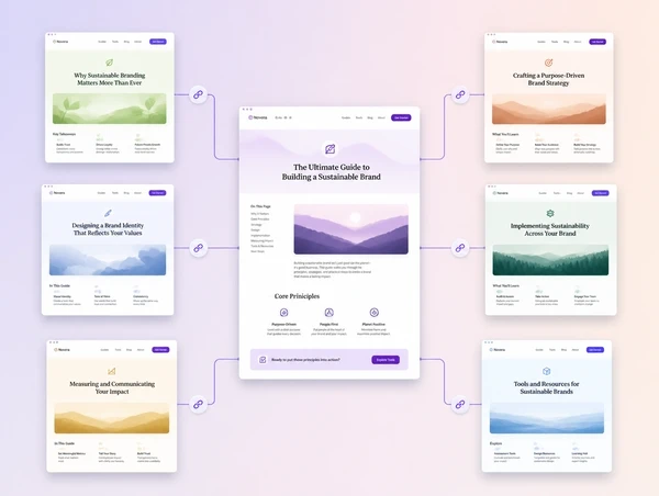 A cluster of linked articles arranged around one main guide page