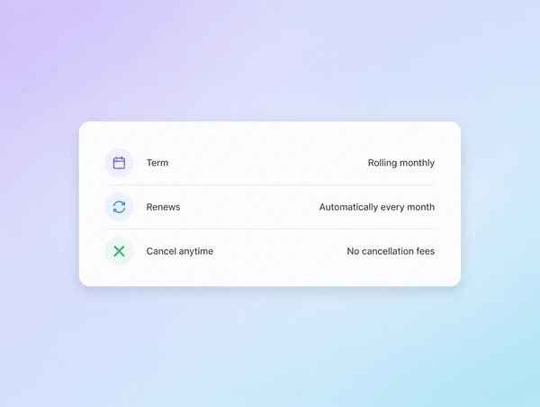 A simple month to month agreement summary with no minimum term