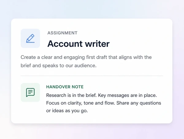 An account writer assignment card with a handover note beneath it