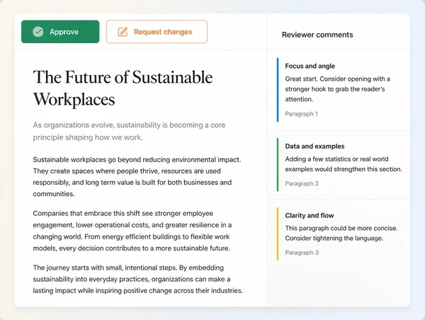 A draft review screen with approve and request changes controls beside an article