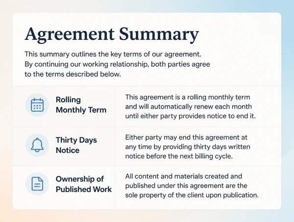 A one page agreement summary showing monthly rolling terms and ownership lines