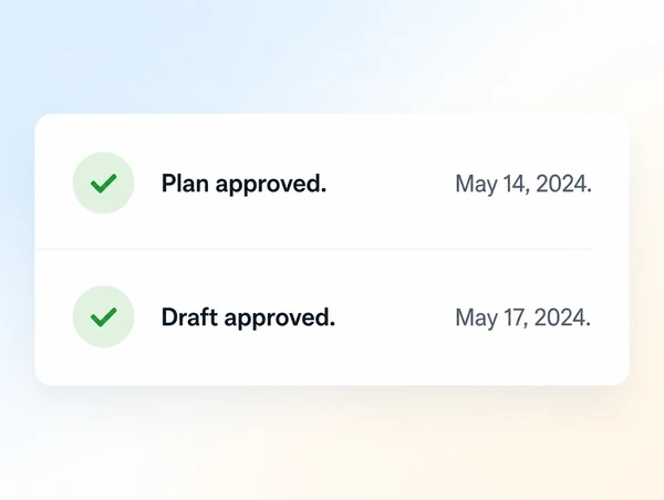 A draft review screen with margin notes and an approve button beside the article