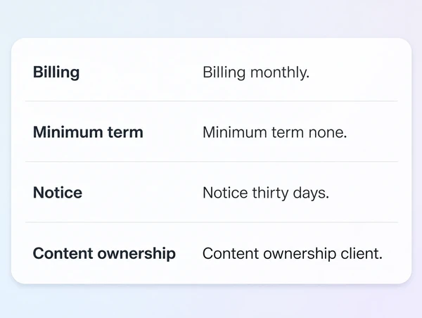 An agreement summary showing rolling monthly terms with no minimum period