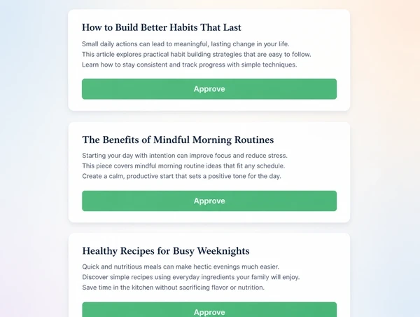 A single page content plan with an approve button and scheduled dates