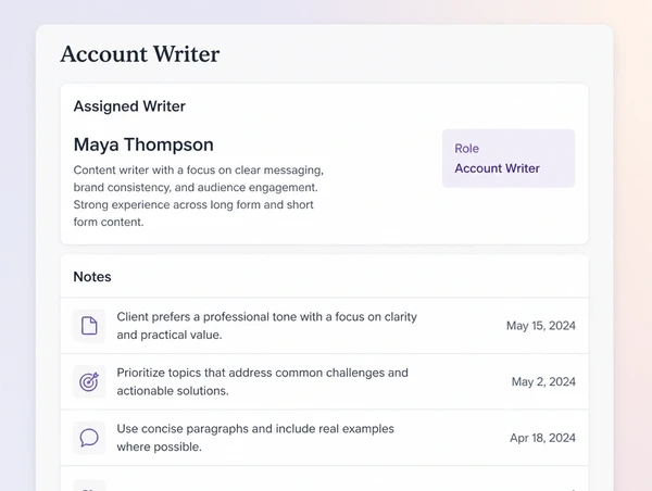 An account writer card listing the assigned writer and the notes kept on the account