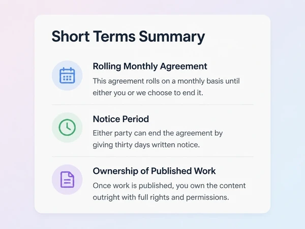 A short terms summary showing a rolling monthly agreement and content ownership