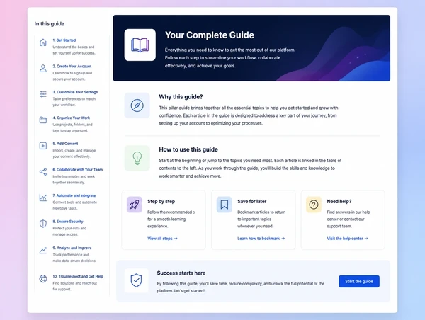 One main guide page with the supporting articles linked around it