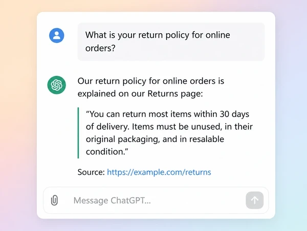 An AI assistant answering a question and naming the page it took the answer from