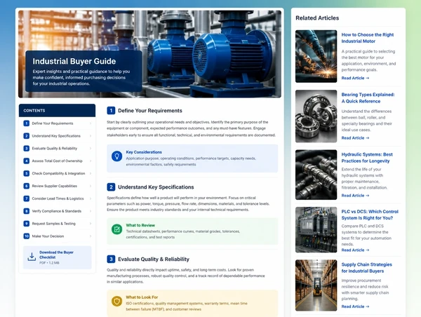 A main technical guide page with the supporting articles linked around it