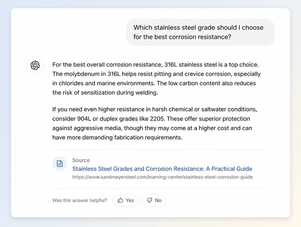 An AI assistant answer citing a supplier article as its source
