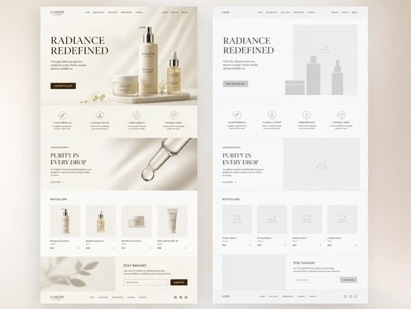 A luxury skincare website beside the wireframe it was designed from