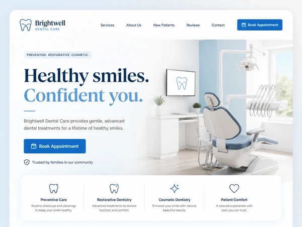 Dental clinic website hero with one clear book appointment button