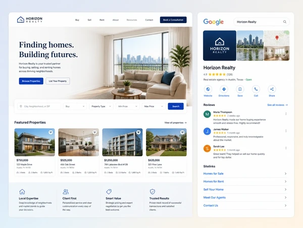 A real estate agency website beside its Google listing with reviews and sitelinks