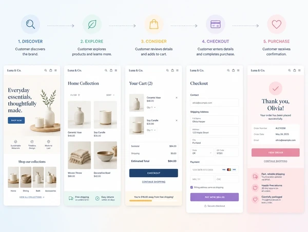 Customer journey from discover through to purchase, with the page for each stage