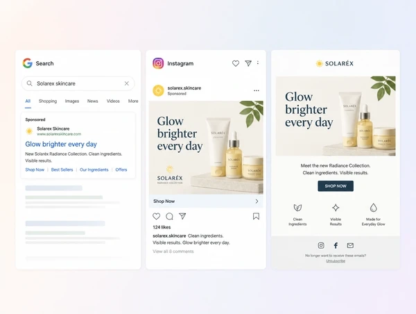 The same campaign running as a search ad, an Instagram post and an email