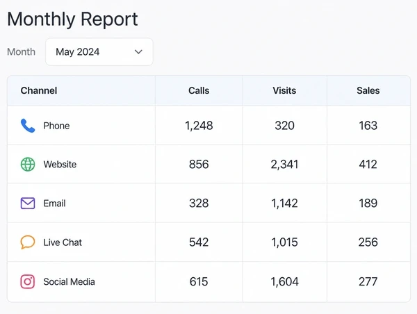 A single page showing calls, walk-ins and sales for the month