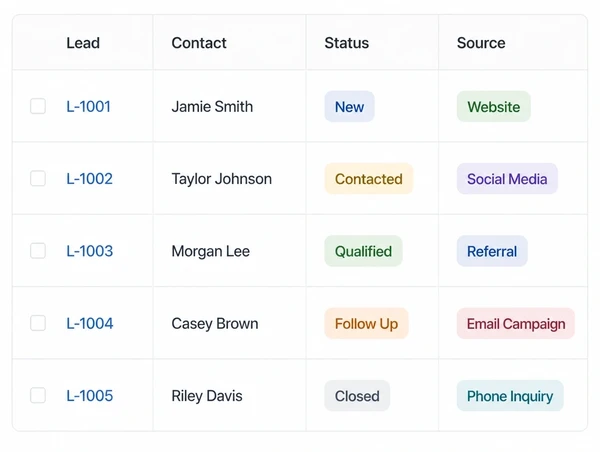 A lead list with the source column filled in on every row