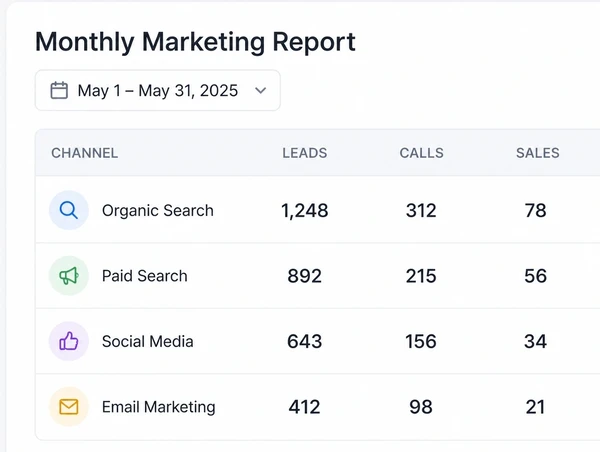 A single page showing bookings and calls for the month