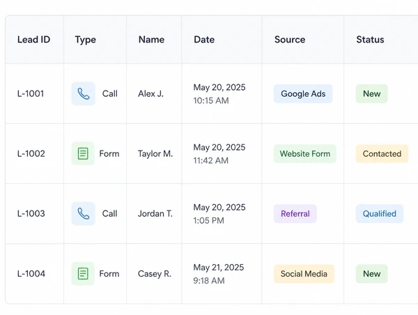 A call log with the source recorded against each call
