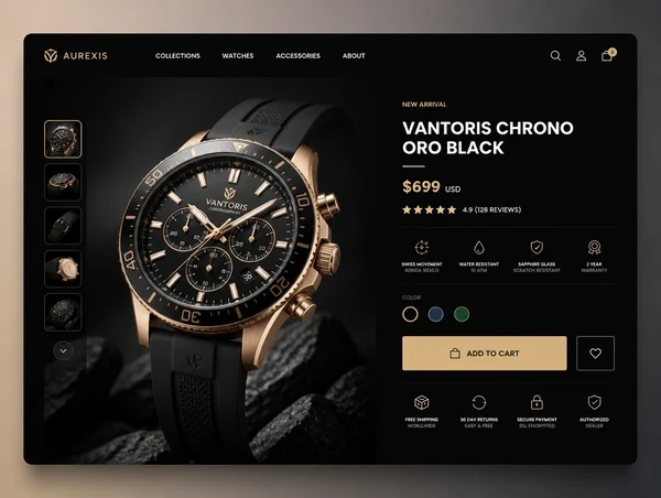 Watch product page with a large photograph, rating, specifications and add to cart