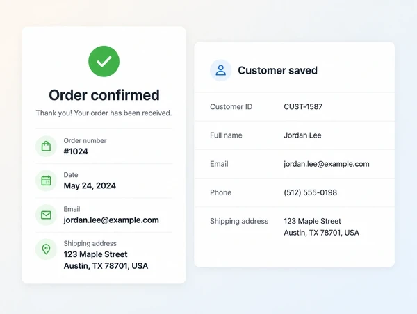 A store order confirmation beside the customer record it created
