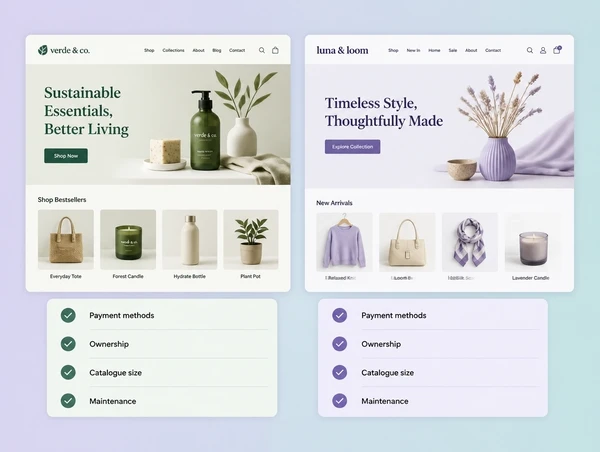 Shopify and WooCommerce store setups compared side by side, with payment methods and fee columns