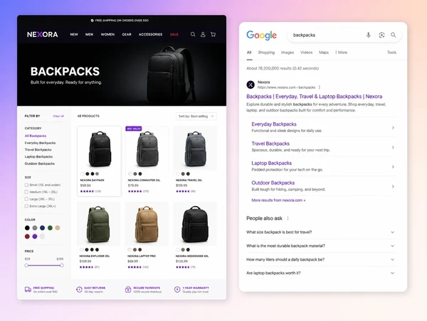 Shop category page beside its Google listing ranked first with sitelinks