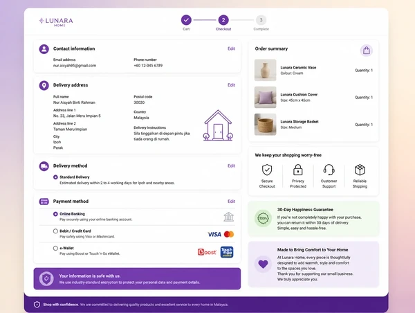 A short checkout page with online banking, wallet and card options and a postage estimate